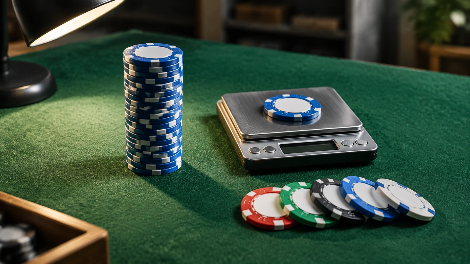 Échantillons de jetons de poker sur un établi d'inspection recouvert de feutre vert, à côté d'une balance numérique, d'une pile droite sans règle et d'une lampe de bureau
