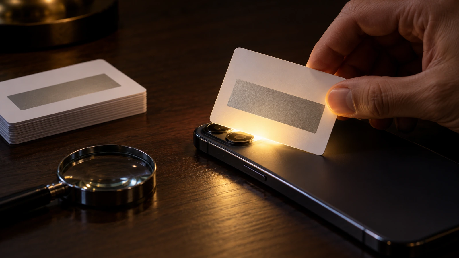 Main tenant une carte à gratter au-dessus de la lampe torche d'un téléphone dans une pièce sombre, pour vérifier si le code caché transparaît à travers le panneau argenté
