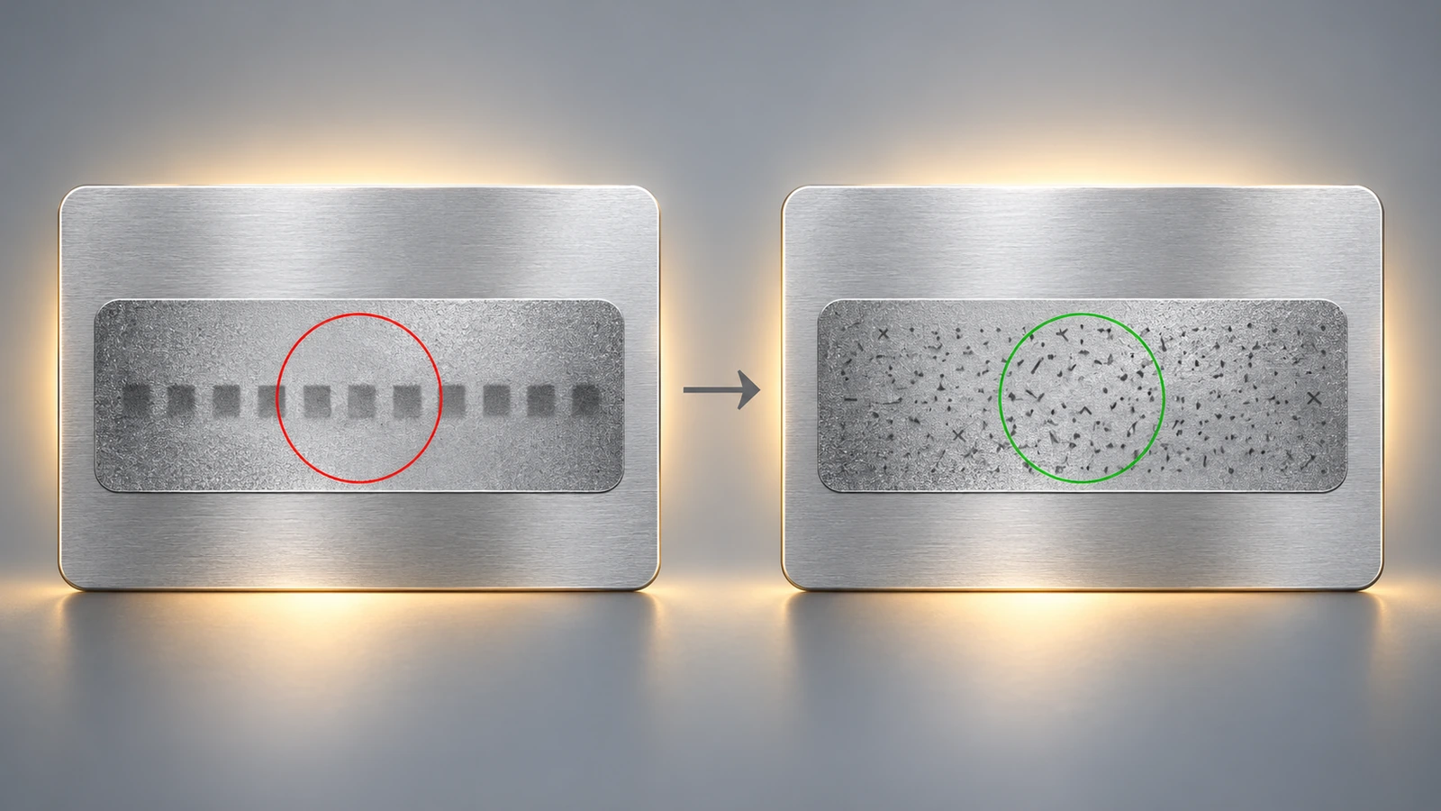 Illustration conceptuelle comparant un code caché qui apparaît comme une ombre nette sous rétroéclairage avec le même panneau, où un masquage par motif aléatoire dense transforme l'ombre en bruit illisible