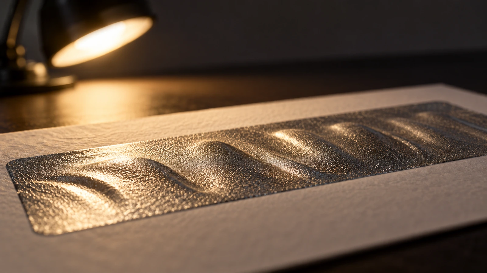 Lumière rasante d'une lampe glissant sur un panneau à gratter argenté, projetant de faibles ombres qui révèlent les empreintes de l'impression cachée dessous