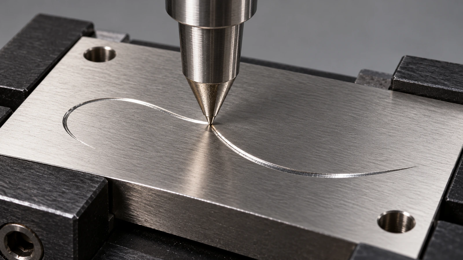 Stylet diamant traçant un sillon continu dans une plaque signalétique en acier inoxydable brossé