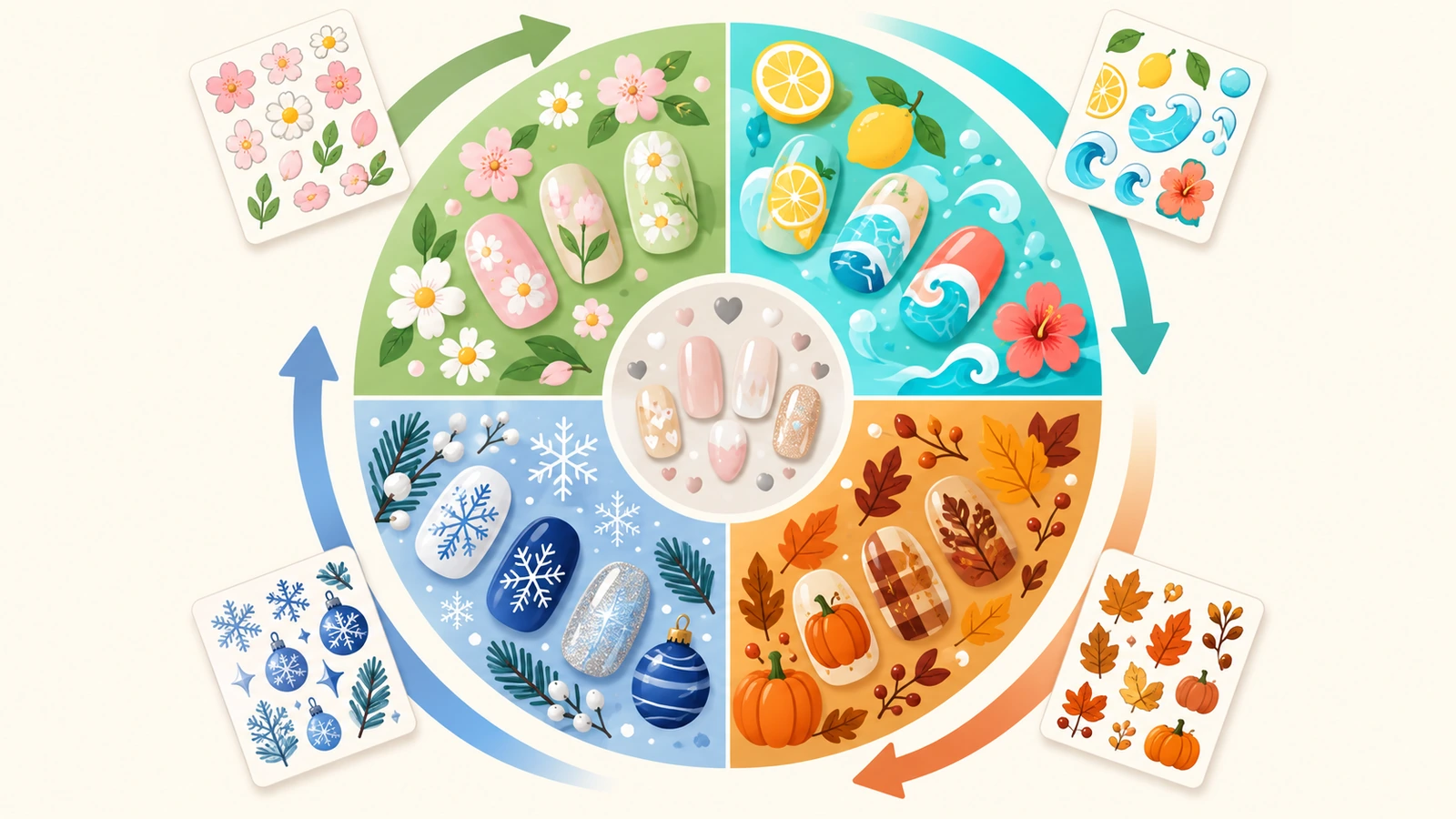 Calendrier saisonnier circulaire divisé en 4 quadrants codés par couleur, avec des fleurs de printemps, des fruits d'été, des feuilles d'automne et des flocons d'hiver, et des flèches montrant des visuels planifiés un quadrant avant chaque lancement