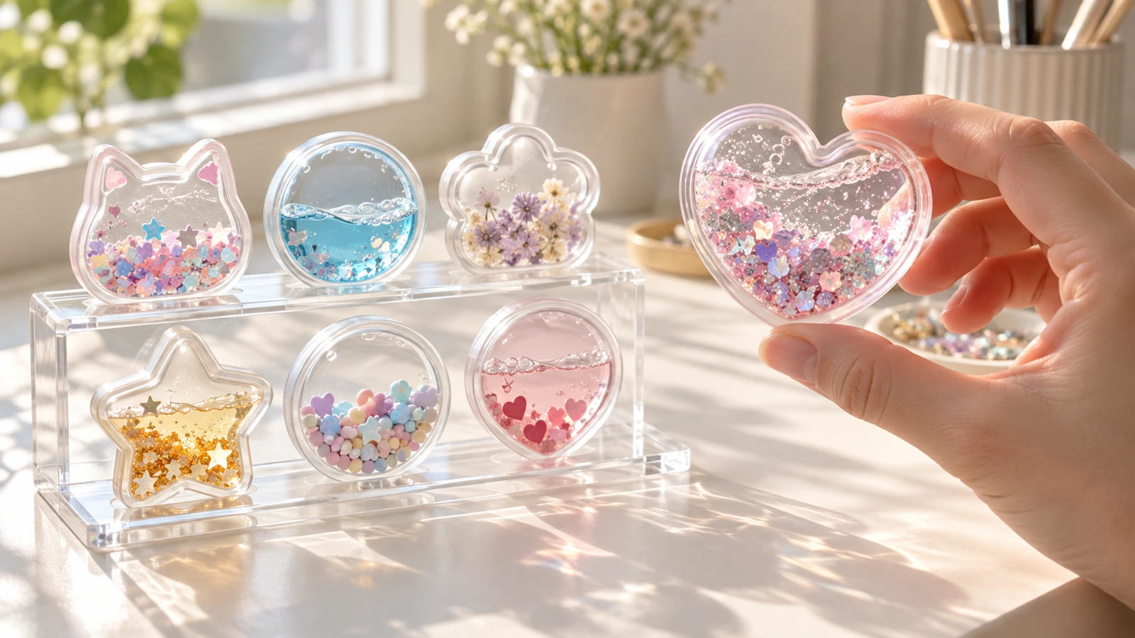 Échantillons d'autocollants shaker posés à l'endroit et à l'envers sur un support en acrylique transparent près d'une fenêtre ensoleillée, une main secouant doucement l'un d'eux