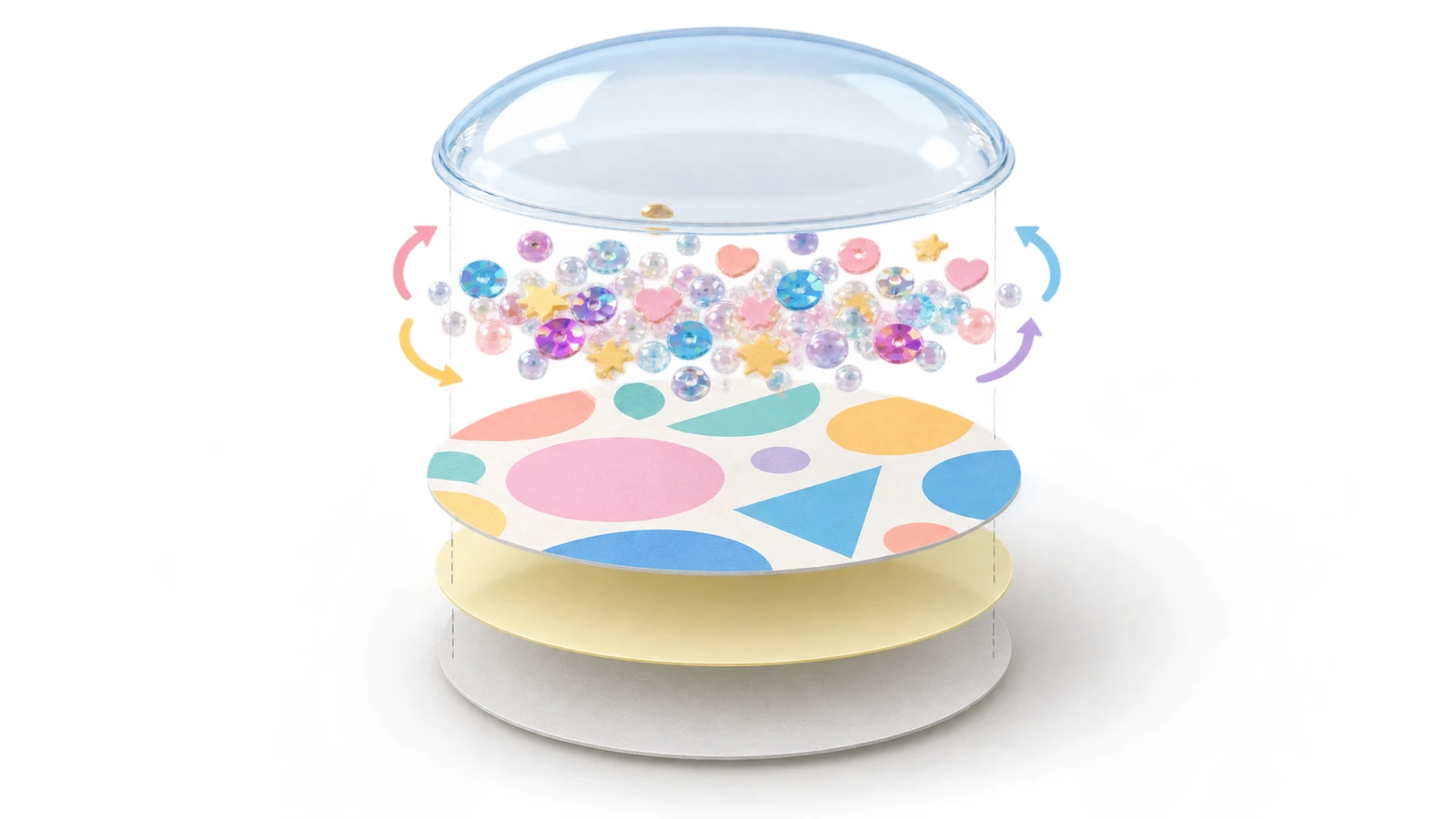 Schéma éclaté d'un autocollant shaker montrant la base imprimée, la cavité contenant la garniture libre, le dôme transparent en relief, la couche adhésive et le liner de protection, avec des flèches indiquant le mouvement de la garniture