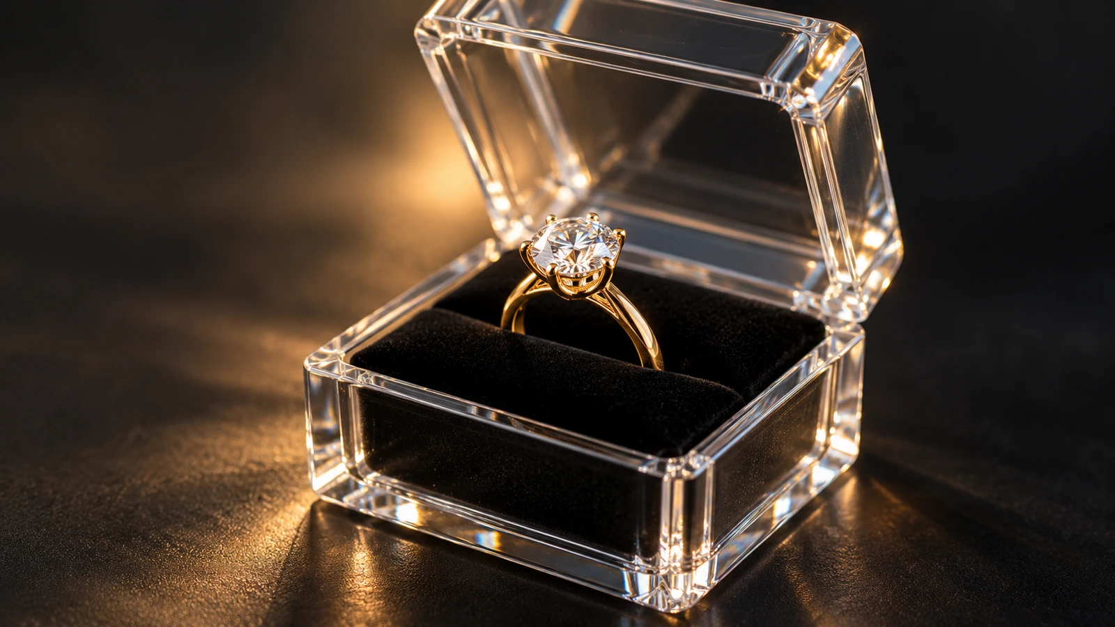 Gros plan sur une bague maintenue droite par un insert à fentes dans une petite boîte transparente, avec une lumière douce traversant les parois transparentes