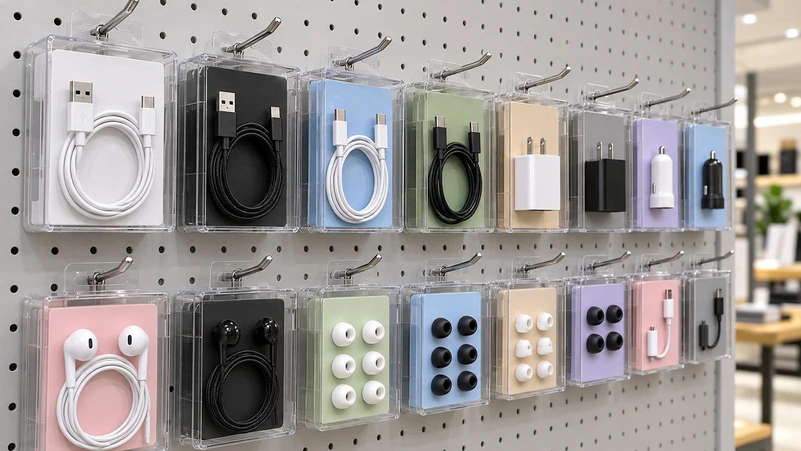 Rangée de petites boîtes transparentes contenant des câbles enroulés et des adaptateurs, suspendues à des crochets de présentation en magasin, connecteurs visibles à travers les parois
