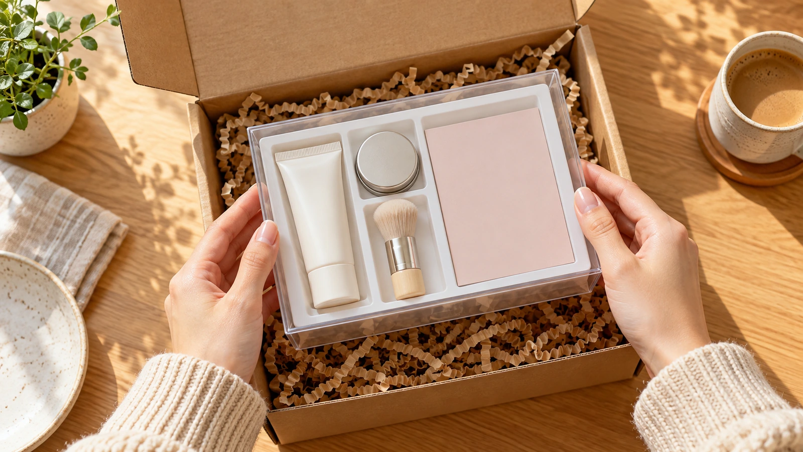 Vue de dessus de mains sortant d'une pochette kraft une petite boîte transparente contenant un kit promotionnel soigneusement compartimenté
