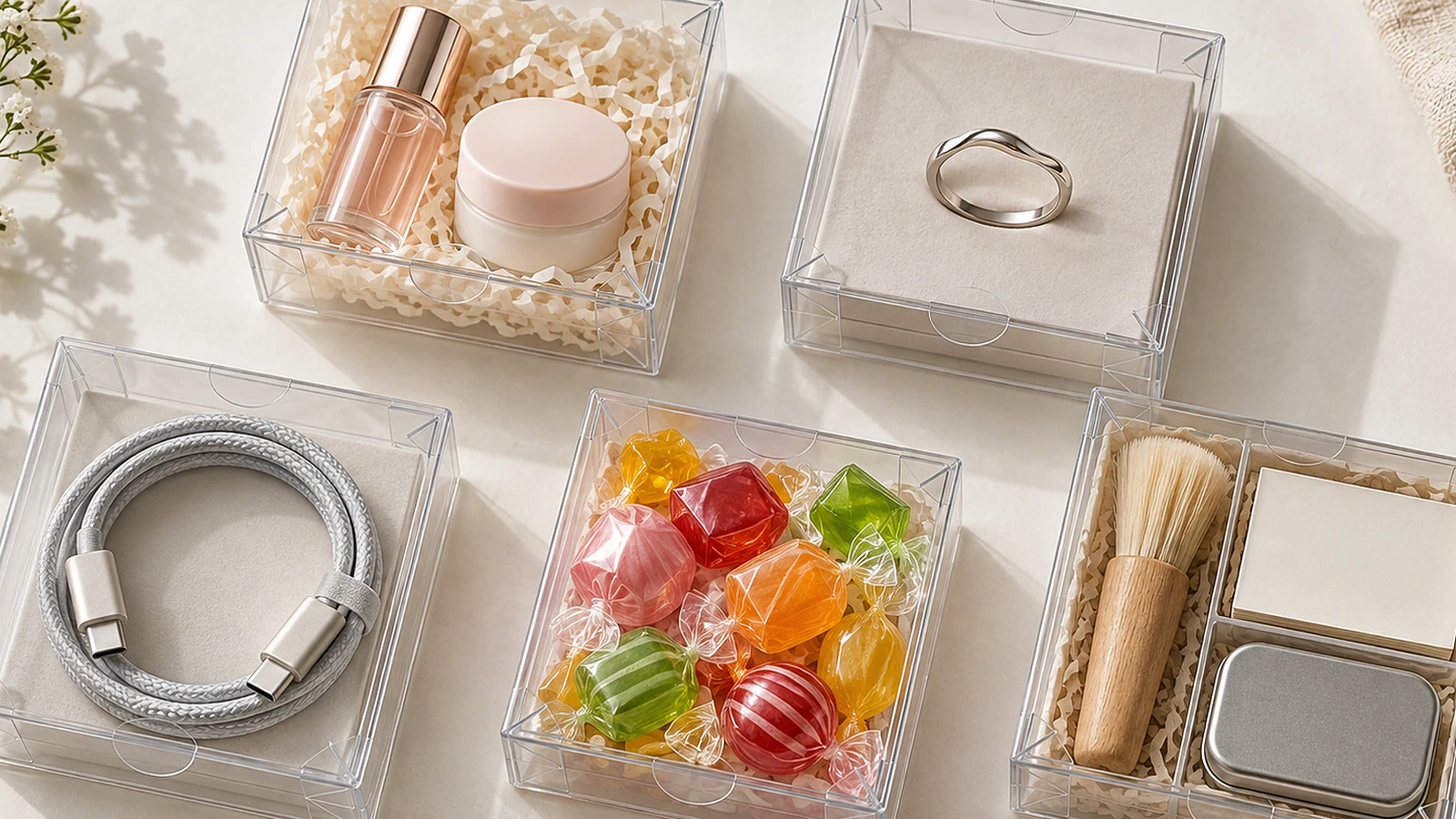 Cinq petites boîtes en plastique transparentes posées sur une surface claire, contenant un flacon d'échantillon cosmétique, une bague, un câble de charge enroulé, des bonbons colorés et un mini-kit promotionnel