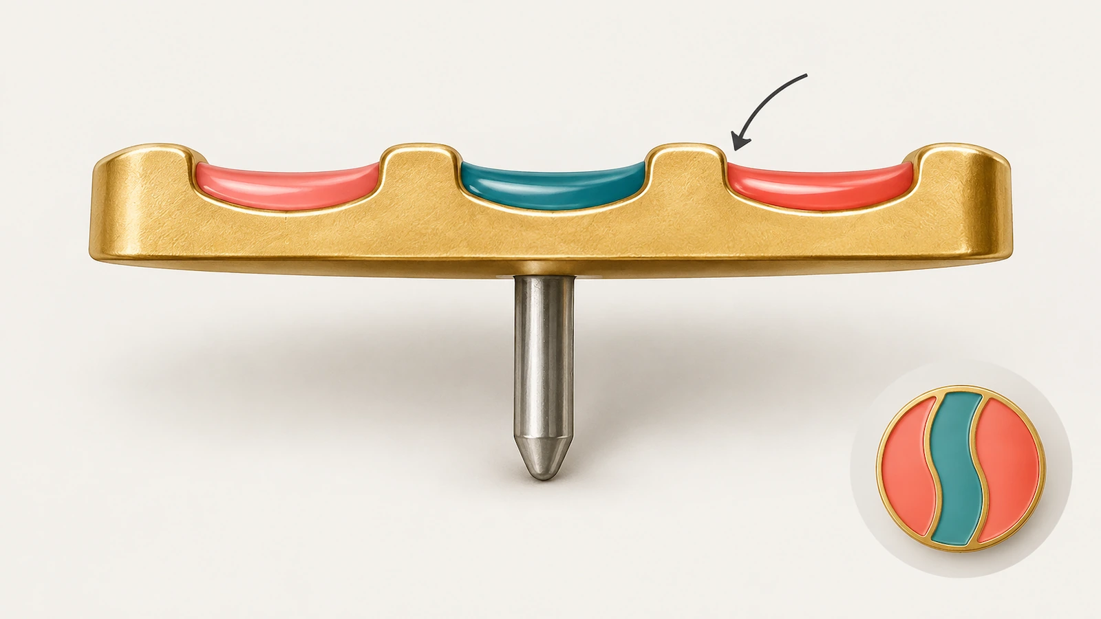 Illustration en coupe d'un pin en émail souple montrant l'émail coloré situé sous les arêtes de métal en relief, sur une base plaquée