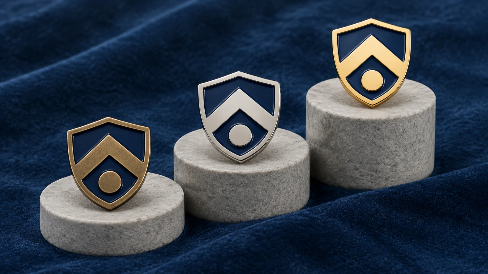 Trois pins en émail souple identiques, avec un placage bronze, argent et or, alignés pour représenter les paliers de reconnaissance des employés