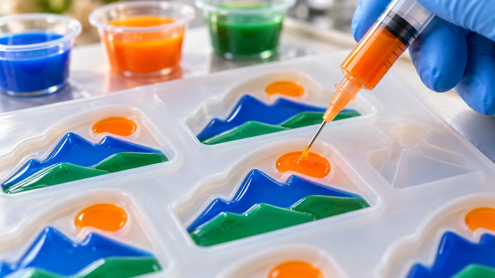 PVC souple liquide versé couleur par couleur dans un moule en silicone pour un aimant souvenir 3D