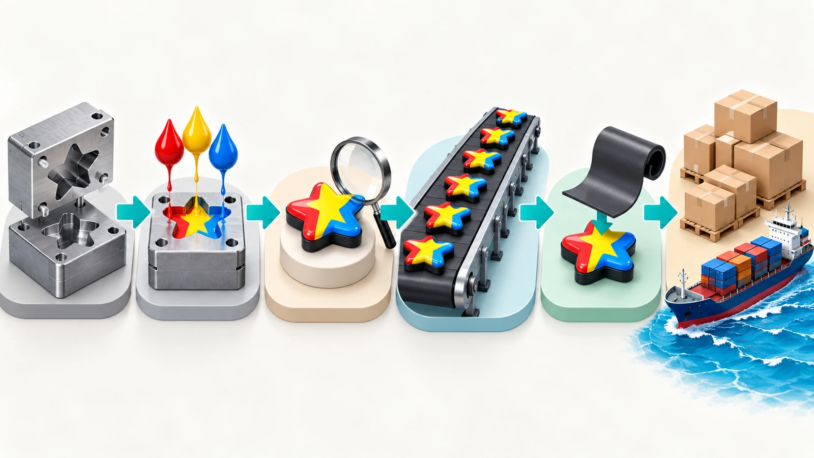 Six étapes de production d'un aimant souvenir en PVC souple moulé, représentées par des icônes reliées, du bloc de moule au cargo