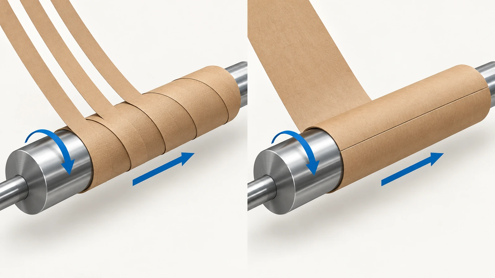 Schéma comparatif de l'enroulement spiralé, avec des bandes en biais sur un mandrin, et de l'enroulement convoluté, avec 1 feuille roulée parallèlement à l'axe