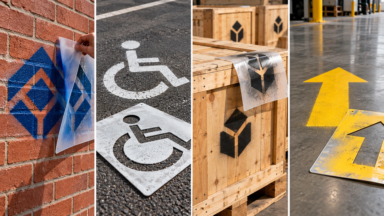 Scène en 4 volets montrant des pochoirs de pulvérisation utilisés pour un logo sur un mur de briques, une surface de parking, une rangée de caisses d'expédition et une flèche de sécurité sur un sol d'entrepôt