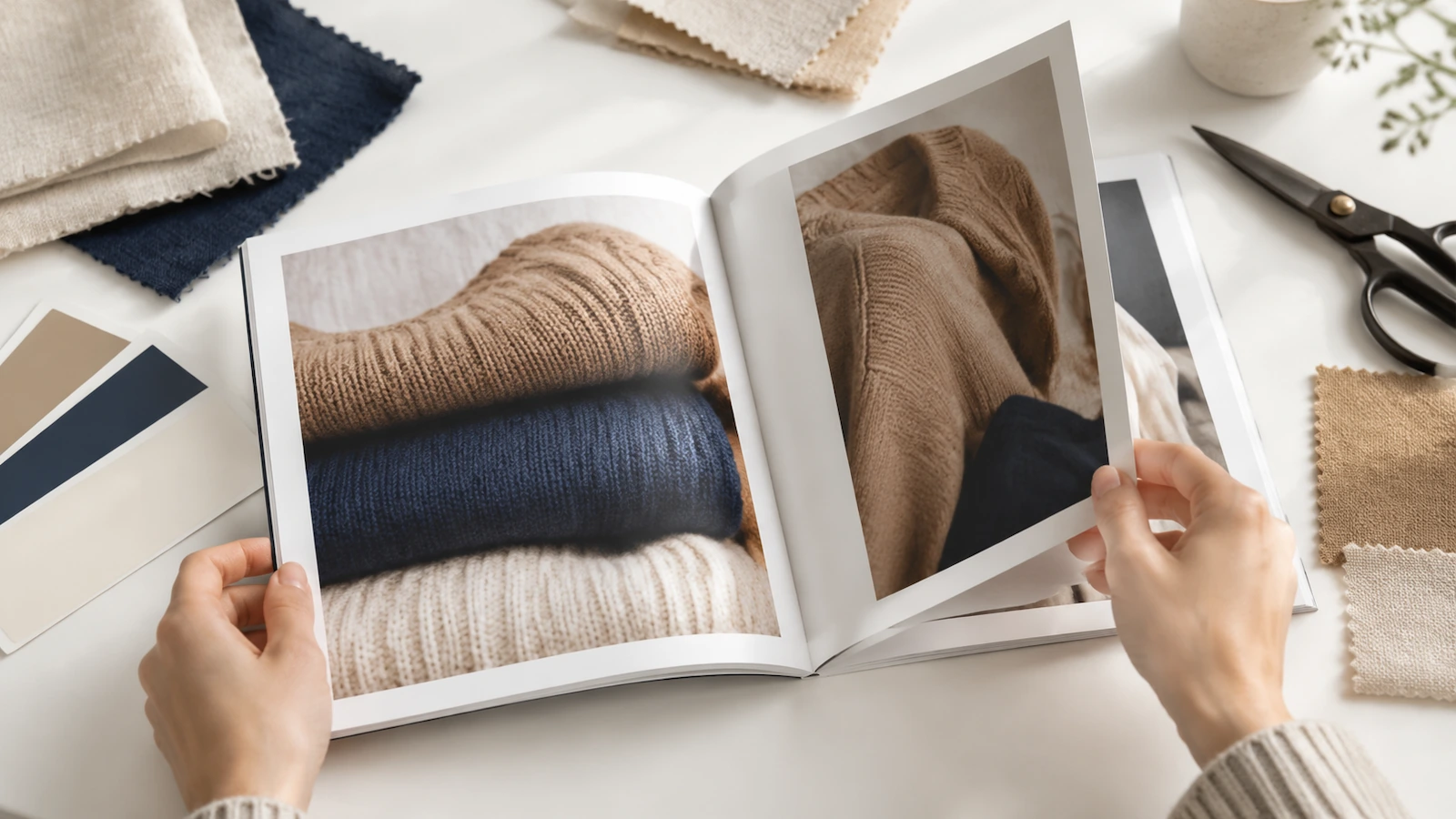 Des mains feuillettent un lookbook de mode carré posé sur une table avec des échantillons de tissu et des nuanciers de couleurs