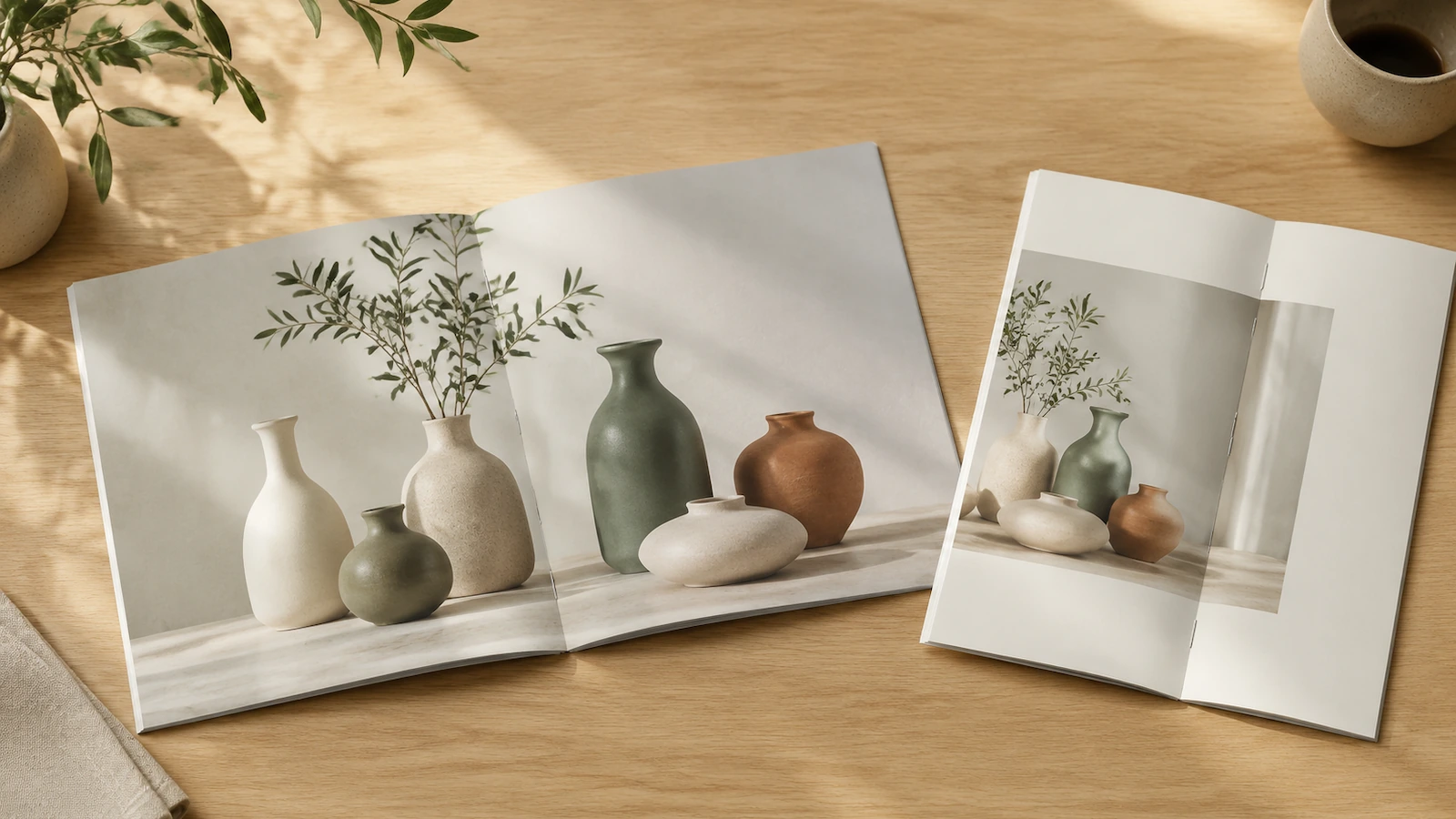 Un livret carré ouvert sur une large double page panoramique de produits, à côté d'un livret en portrait dont la double page est plus étroite, sur une table en chêne clair