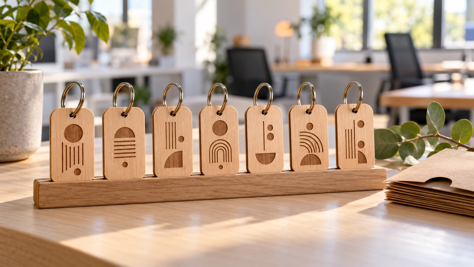 Rangée de porte-clés de remerciement en bois assortis, chacun gravé d'un motif abstrait différent, illustrant la personnalisation par nom