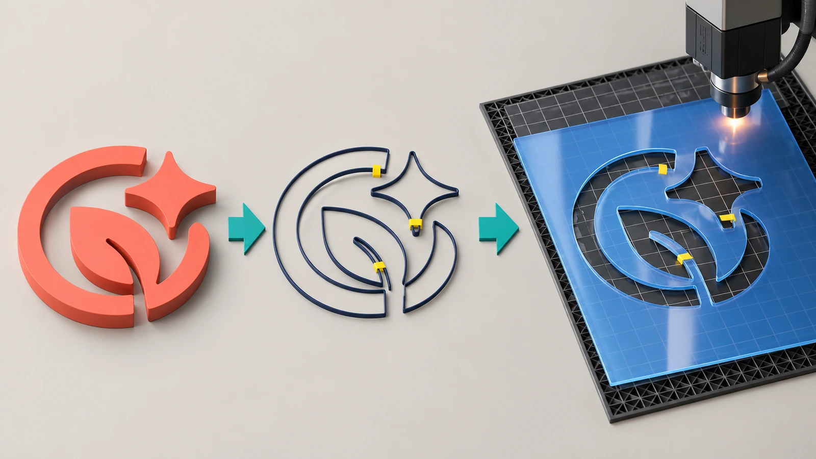 Passage d'une forme de logo abstraite à un contour vectoriel avec ponts de liaison mis en évidence, puis à une feuille de pochoir découpée translucide terminée