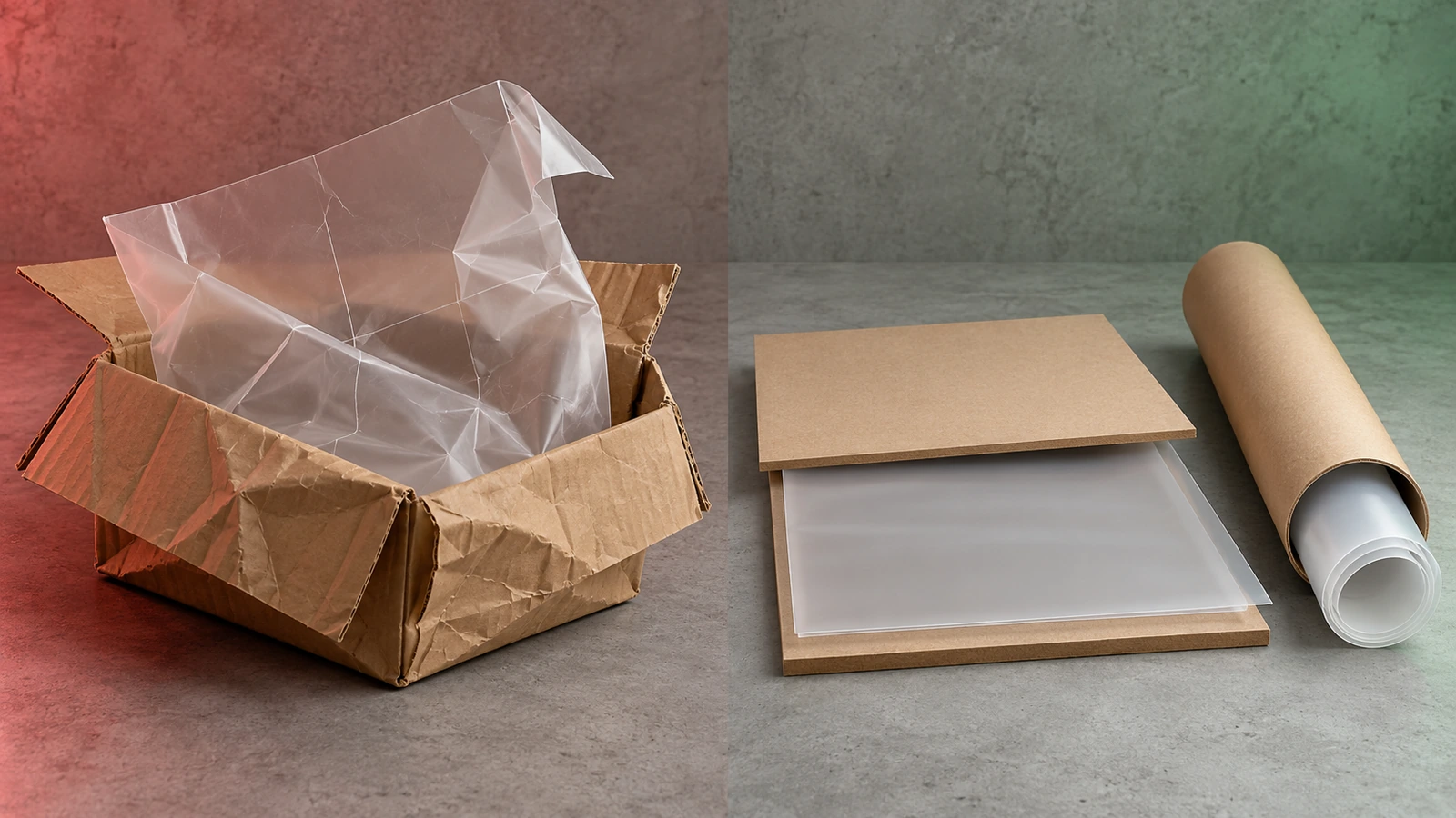 Comparaison côte à côte d'une feuille de pochoir pliée et froissée, d'une feuille à plat protégée par un carton rigide et d'une feuille roulée dans un tube