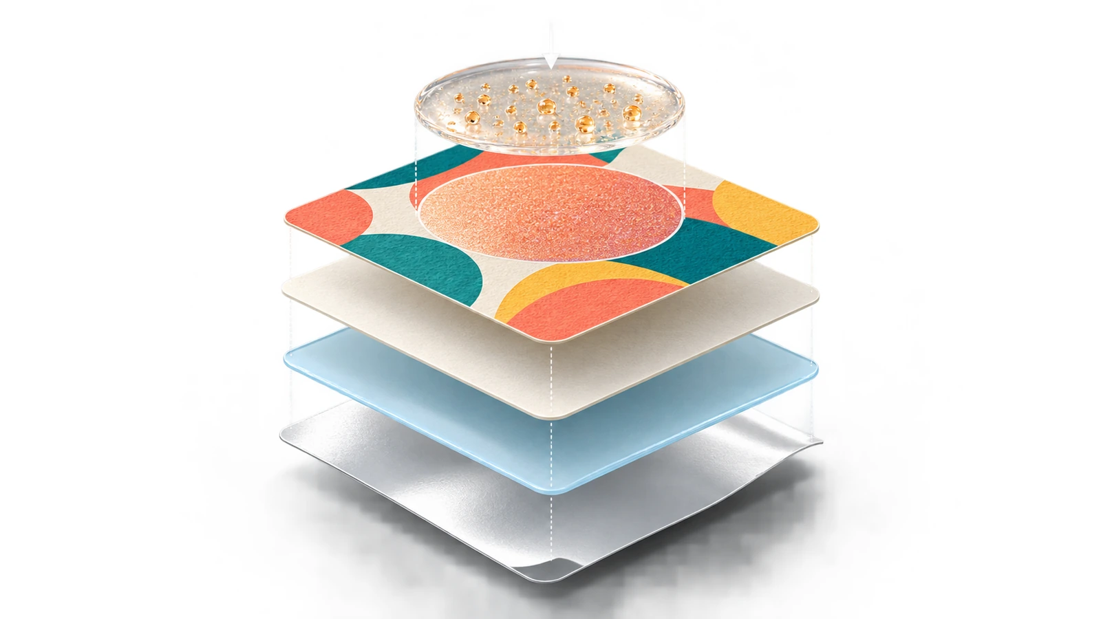 Schéma éclaté des couches d'un autocollant parfumé : support siliconé, adhésif, papier de surface, visuel imprimé et revêtement parfumé transparent distinct, limité à une zone circulaire
