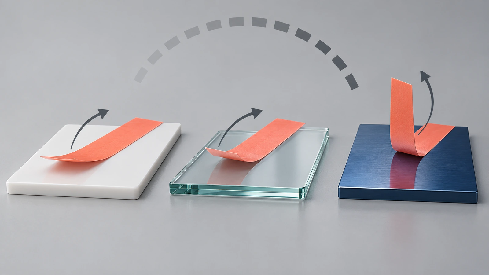 Illustration côte à côte d'un autocollant décollé sous deux angles différents d'un boîtier en plastique, d'un panneau de verre et d'une tôle de métal peint, avec des flèches courbes indiquant le sens du pelage