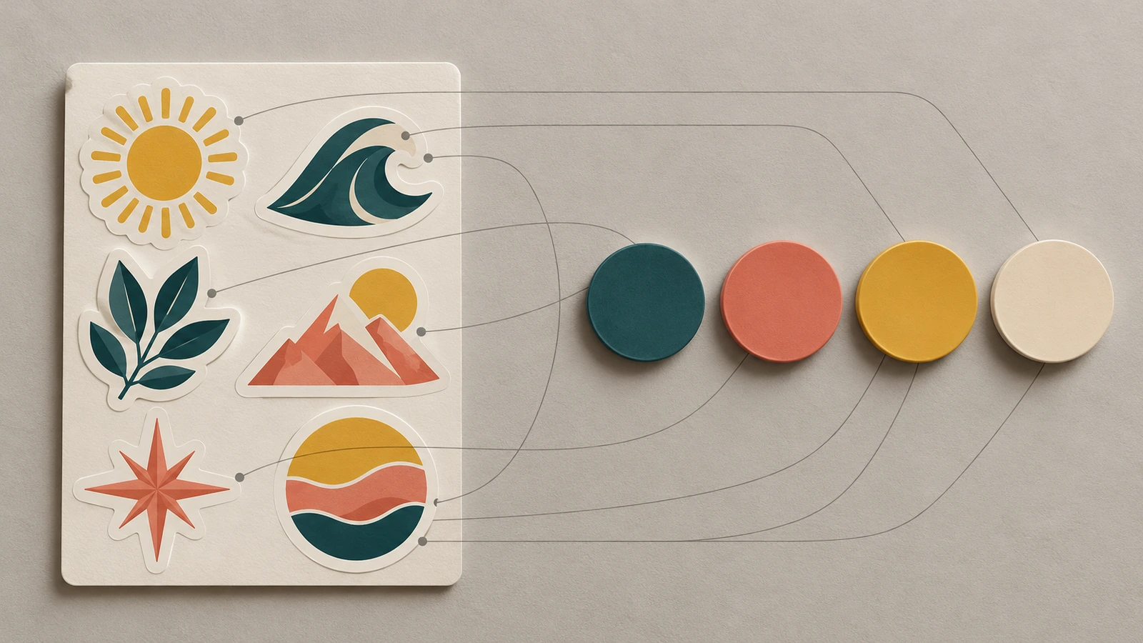 Un jeu d'autocollants à découpe partielle aux couleurs coordonnées, disposés à côté de nuances de couleur rondes assorties, illustrant une palette commune