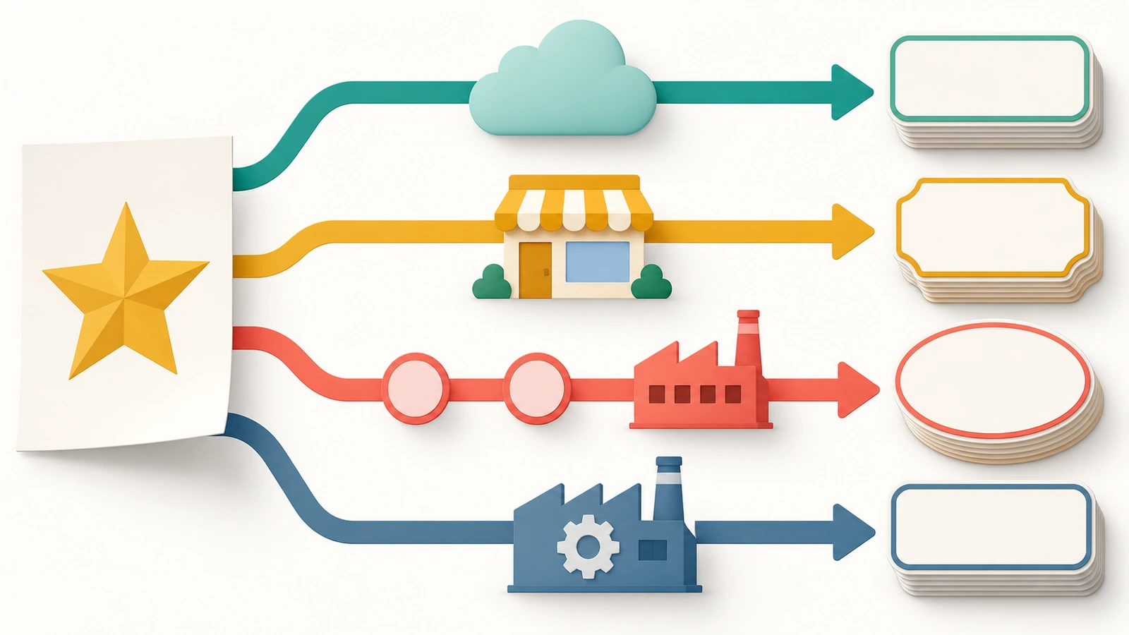 Schéma de quatre voies d'approvisionnement entre le visuel d'une marque et les autocollants finis : boutique en ligne, imprimeur local, agent de négoce et fabricant en direct, le nombre de relais étant indiqué par des flèches