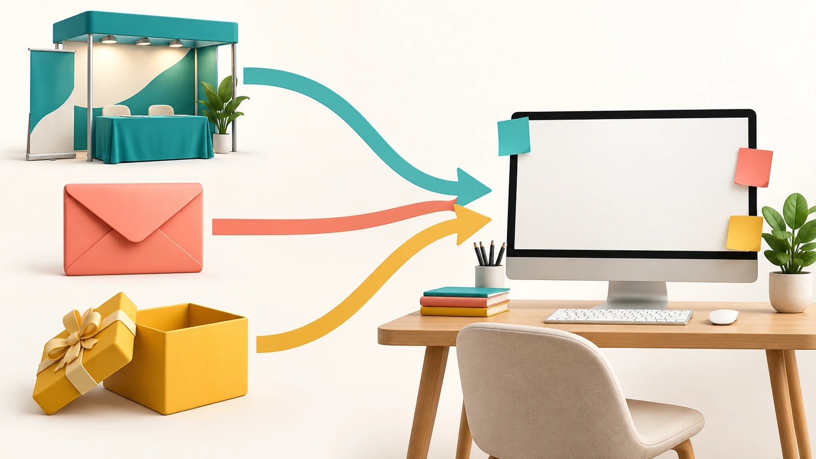 Schéma montrant trois parcours pour les notes adhésives promotionnelles : un stand de salon professionnel, une enveloppe postée et une boîte de bienvenue, chacun avec des flèches menant à un bureau où des feuillets de couleur sont collés sur un écran