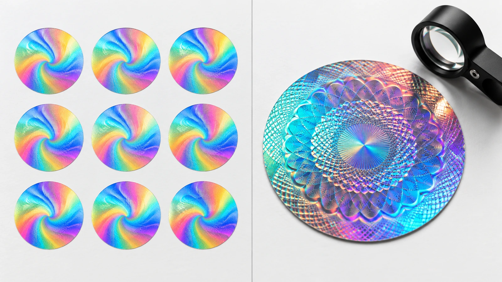 Comparaison côte à côte d'autocollants à hologramme arc-en-ciel génériques identiques et d'un hologramme de sécurité distinct, originé sur mesure, avec un motif optique unique