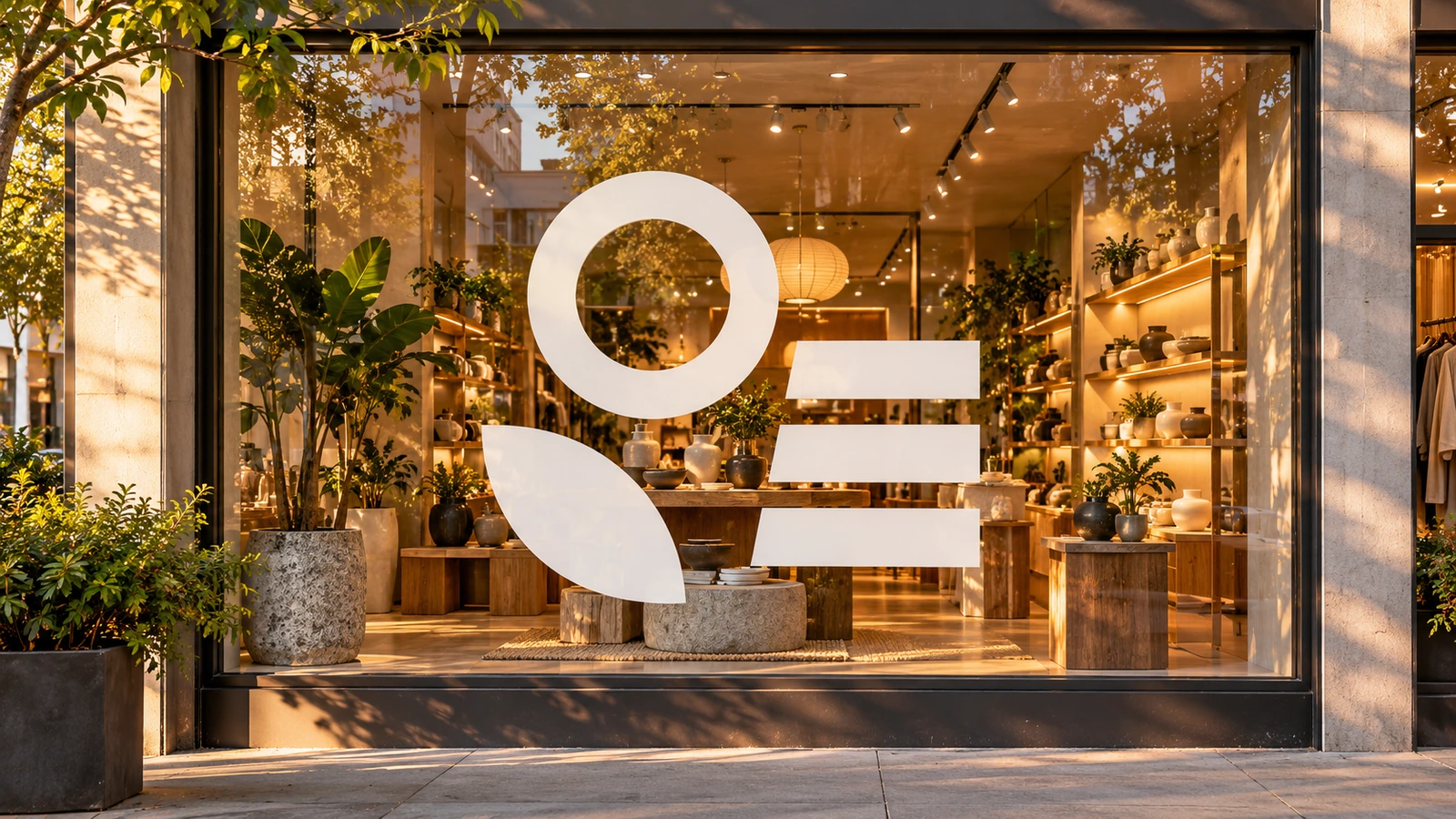 Vitrine de magasin avec un emblème en vinyle découpé monochrome appliqué sur du verre transparent, l'intérieur étant visible entre les formes