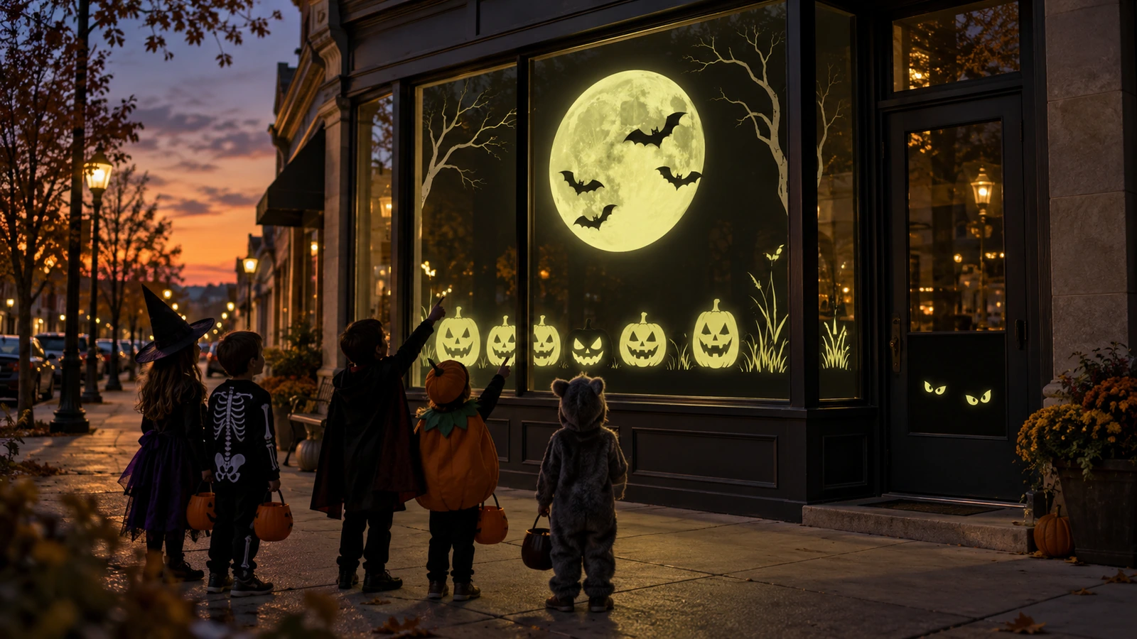 Vitrine au crépuscule avec des vitrophanies phosphorescentes de lune, de chauves-souris et de visages de citrouilles d'Halloween brillant au-dessus de silhouettes d'enfants en tournée de bonbons