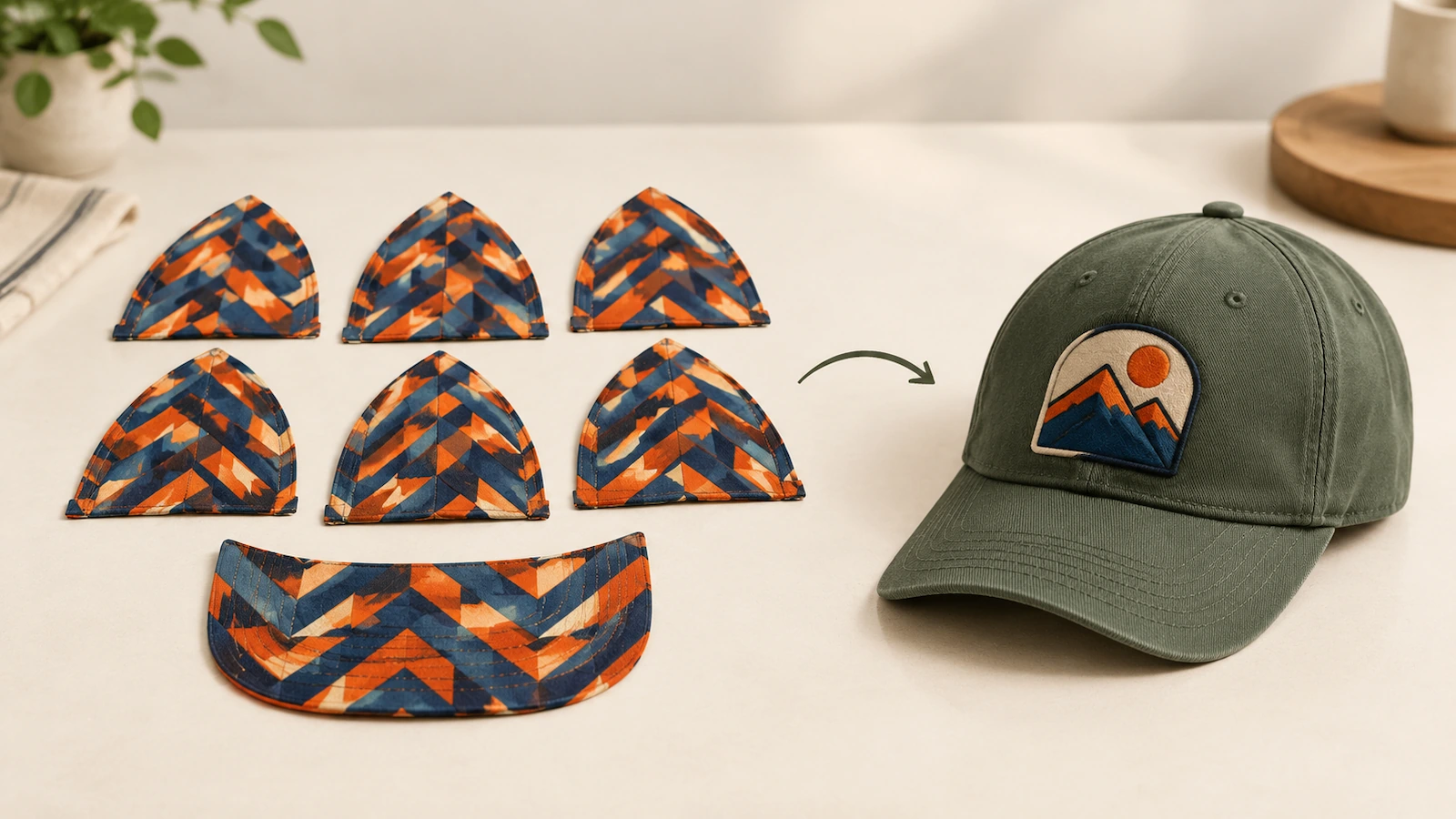 Panneaux de casquette en polyester imprimés à plat avant assemblage, à côté d'une casquette finie avec un écusson sublimé cousu