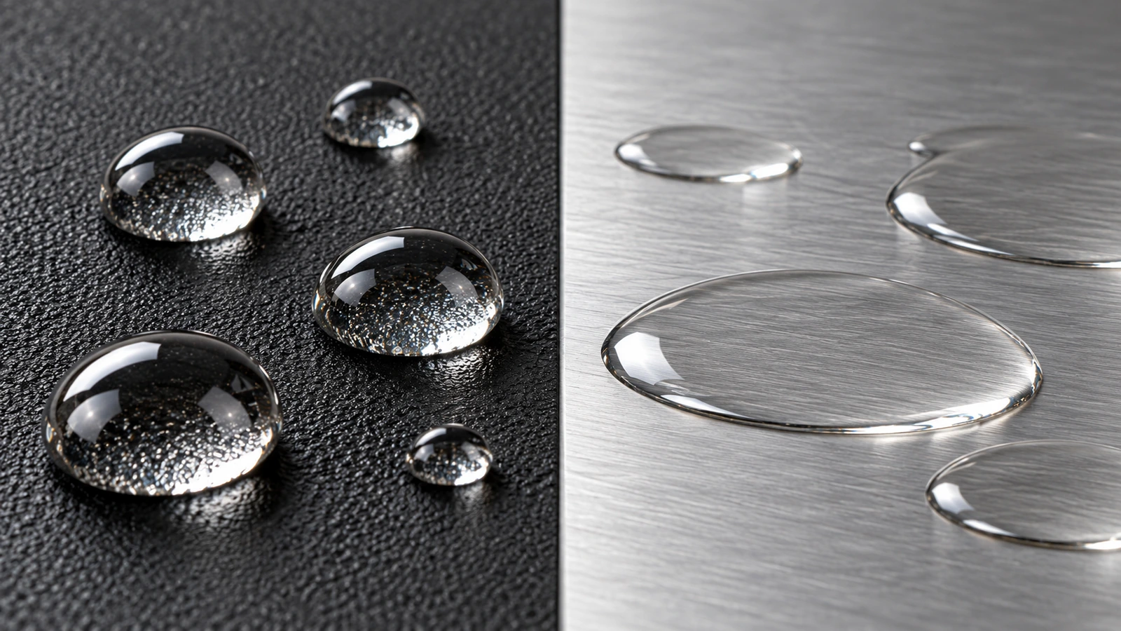 Gouttes d'eau perlant nettement sur une surface plastique texturée et s'étalant à plat sur du métal brossé, illustrant une énergie de surface faible et élevée