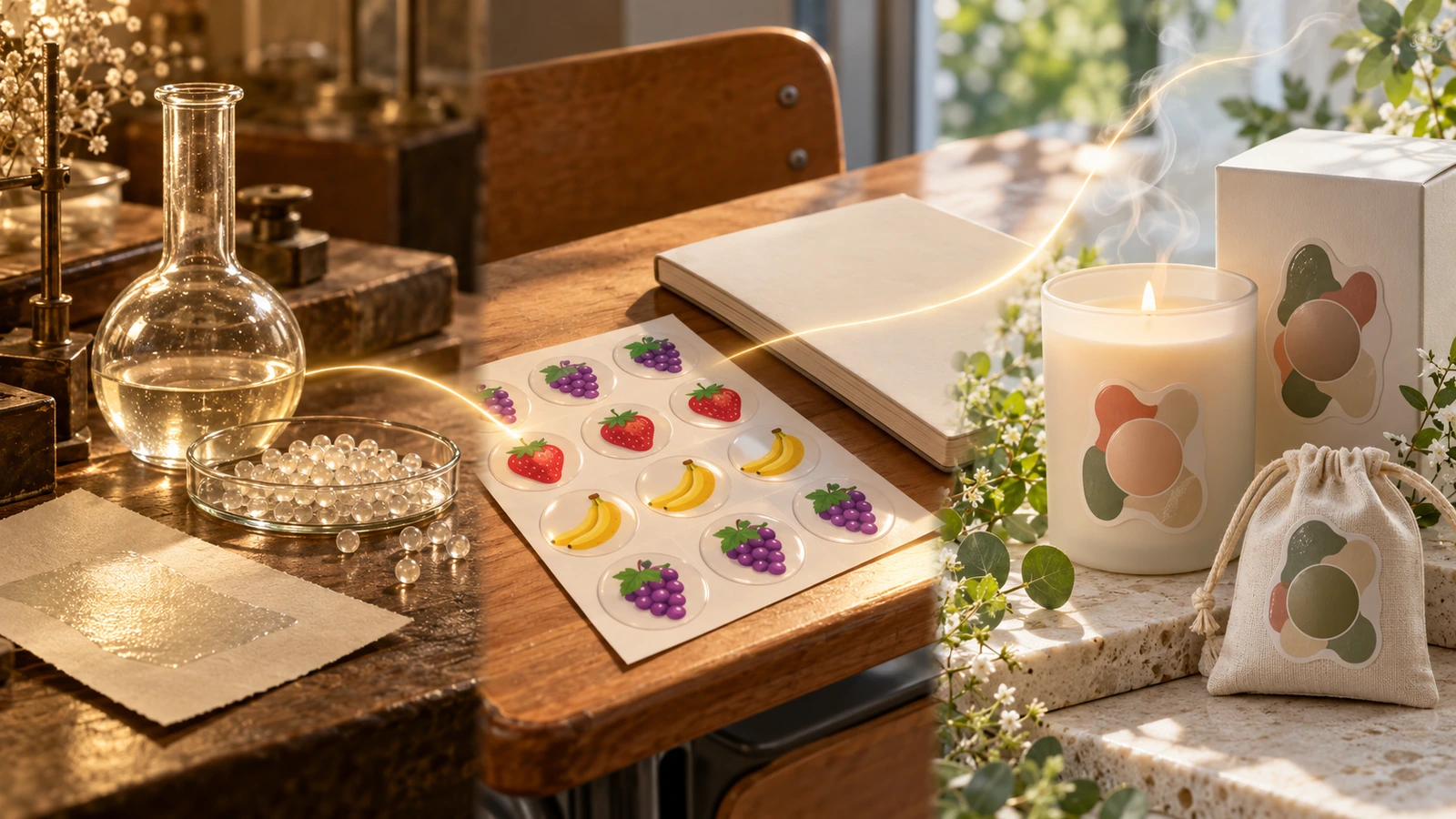 Nature morte en 3 volets, d'un échantillon de papier de laboratoire d'époque à une planche d'autocollants aux fruits de style années 1980s, puis à une boîte à bougie de marque moderne avec une zone parfumée circulaire