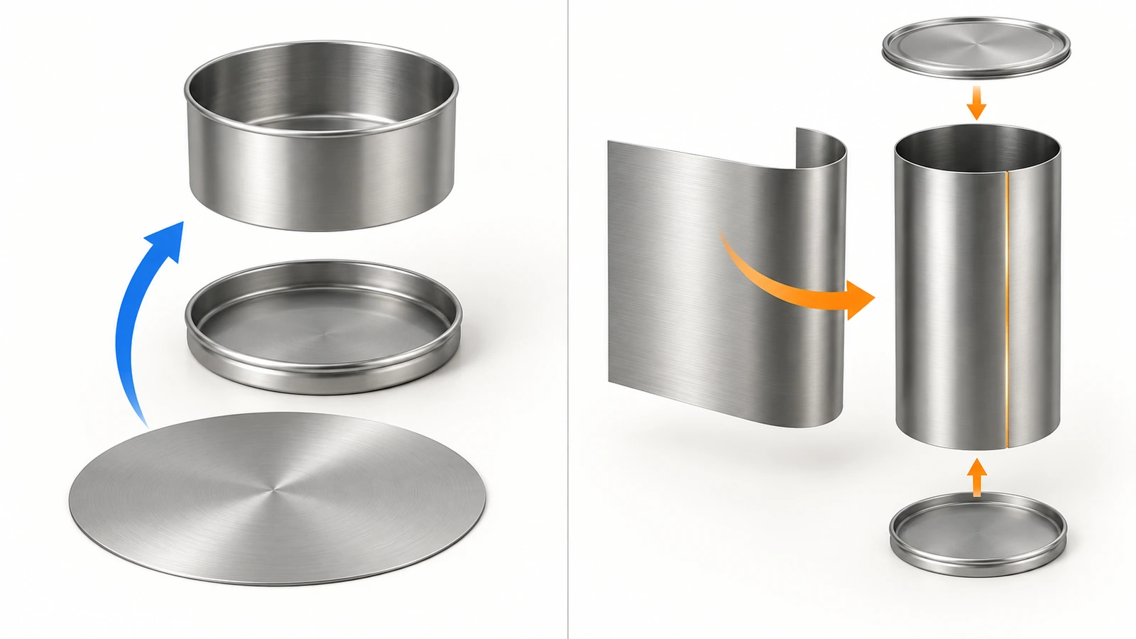 Vue éclatée comparant une boîte emboutie sans joint en 2 pièces et une boîte en 3 pièces composée d’un corps roulé, d’un joint latéral et de deux fonds distincts