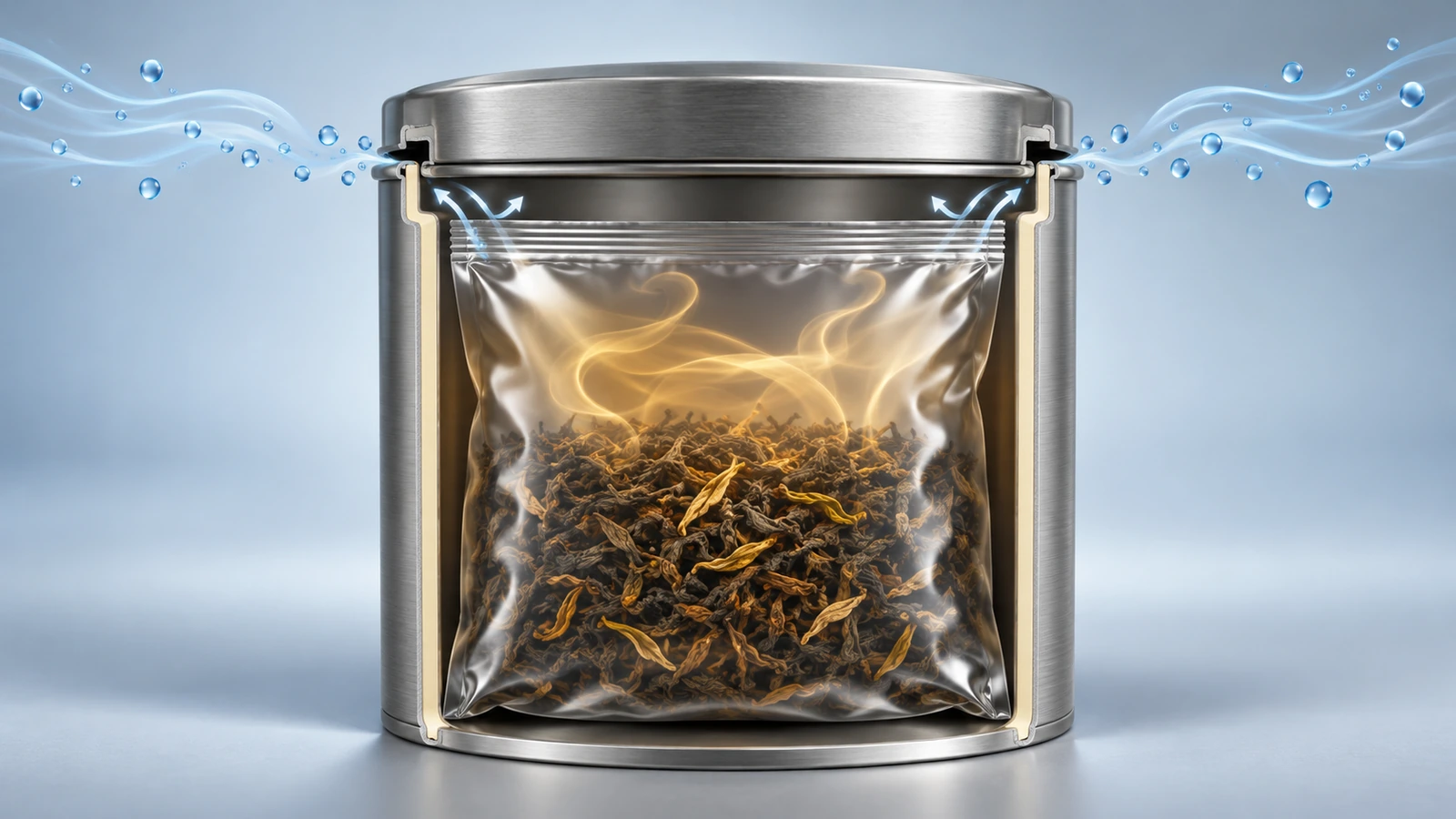 Vue en coupe d’une boîte contenant une pochette intérieure scellée, avec des gouttelettes d’humidité qui s’accumulent à la jonction du couvercle et sont arrêtées par la paroi de la pochette