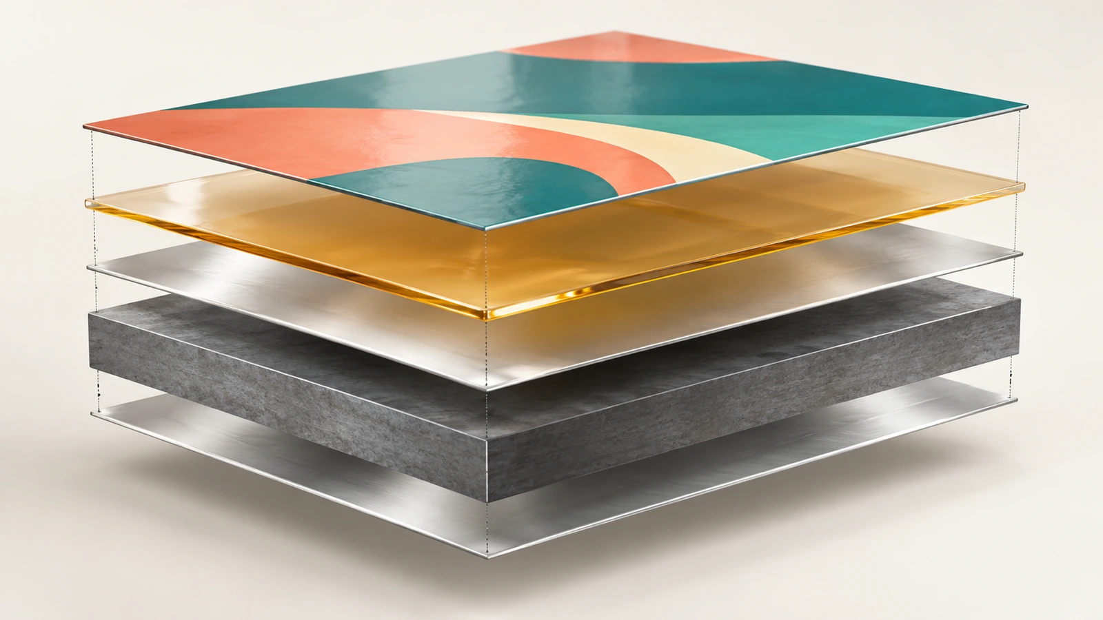 Coupe transversale éclatée d'acier étamé électrolytique montrant une âme épaisse en acier gris, de fines couches d'étain argentées sur les deux faces et des couches translucides de vernis et d'impression par-dessus