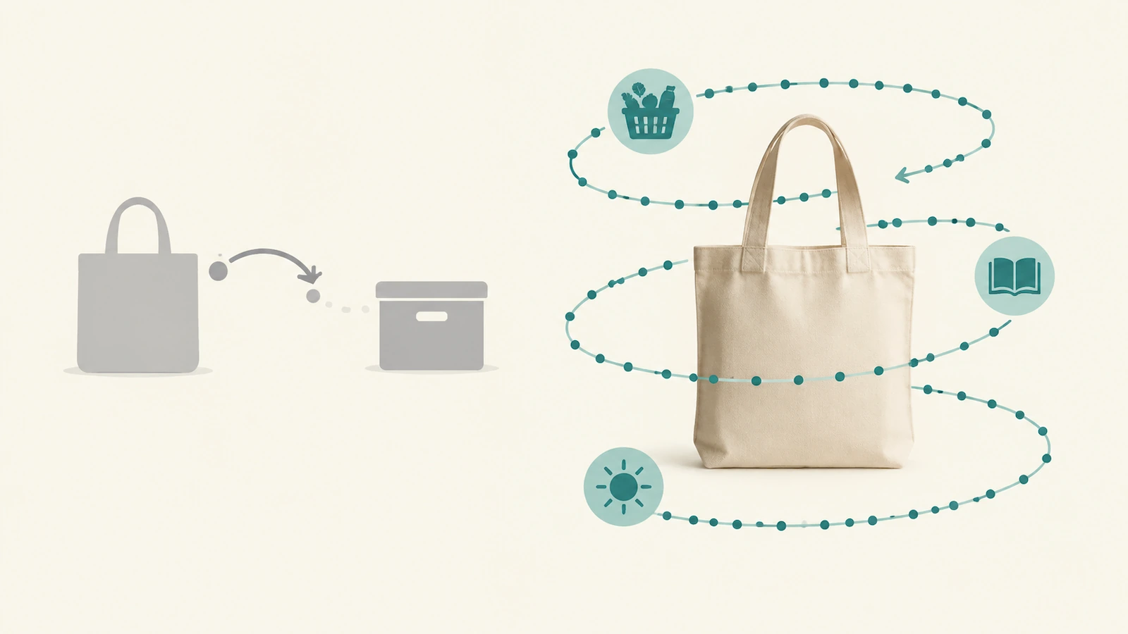 Schéma opposant un sac léger, avec une courte boucle de cycles de réutilisation, et un sac en toile épaisse, avec une longue chaîne de cycles de réutilisation