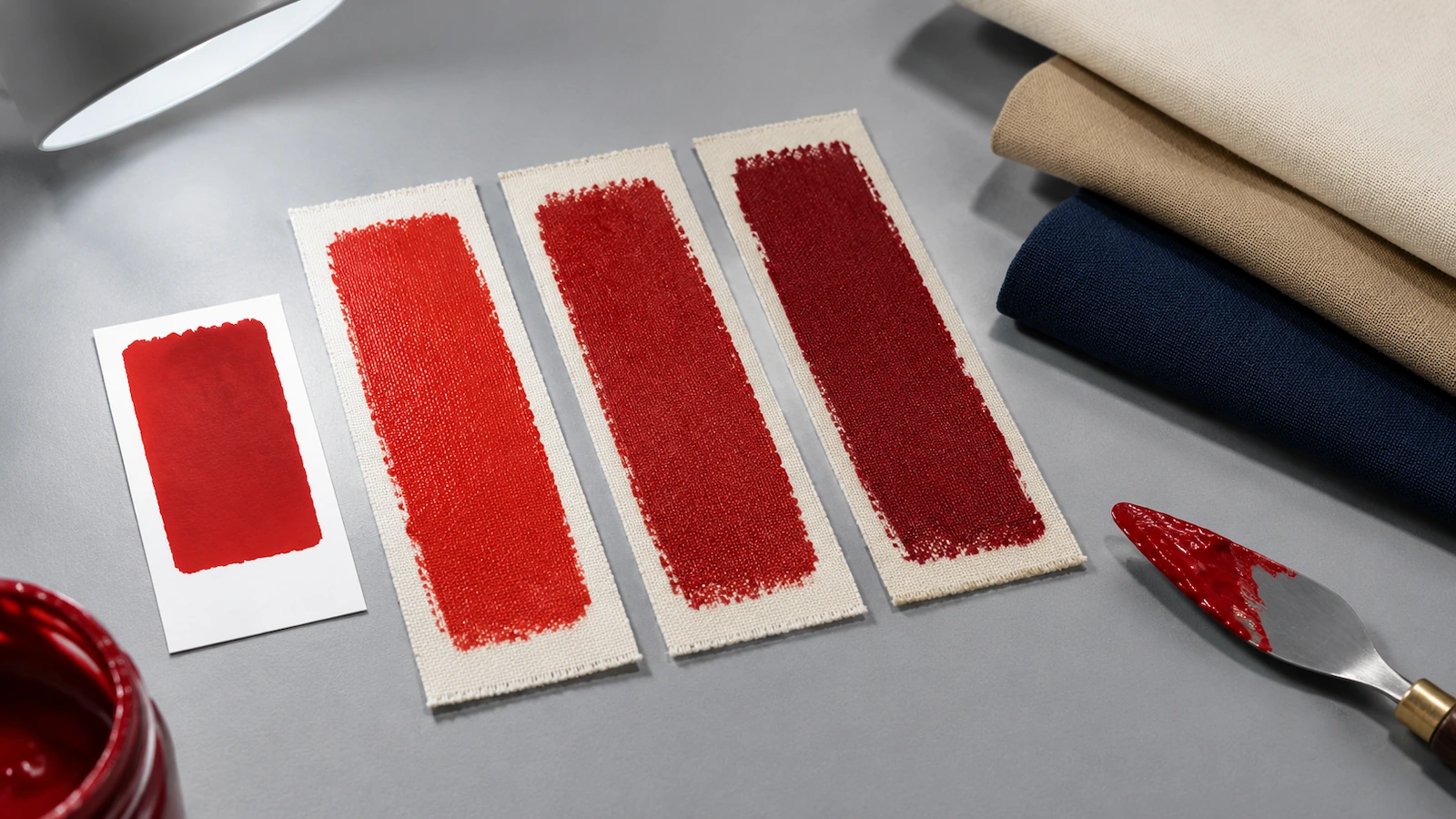 Échantillons d'encre étalée sur des bandes de toile posées à côté du tissu coloré d'un tote bag sous une lampe de lumière du jour neutre, pour l'accord des couleurs
