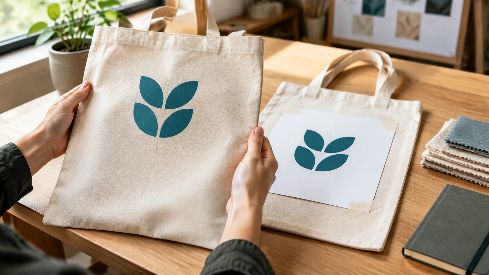 Mains tenant un tote bag échantillon imprimé à côté d'une maquette papier du visuel sur une table de travail, pour comparer la position de l'impression et la couleur à la lumière du jour