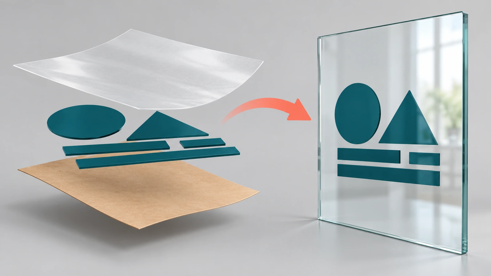 Schéma éclaté d'un décalque de transfert montrant le support siliconé, les formes distinctes en vinyle découpé et le ruban d'application, avec une flèche indiquant le passage des formes sur une vitre