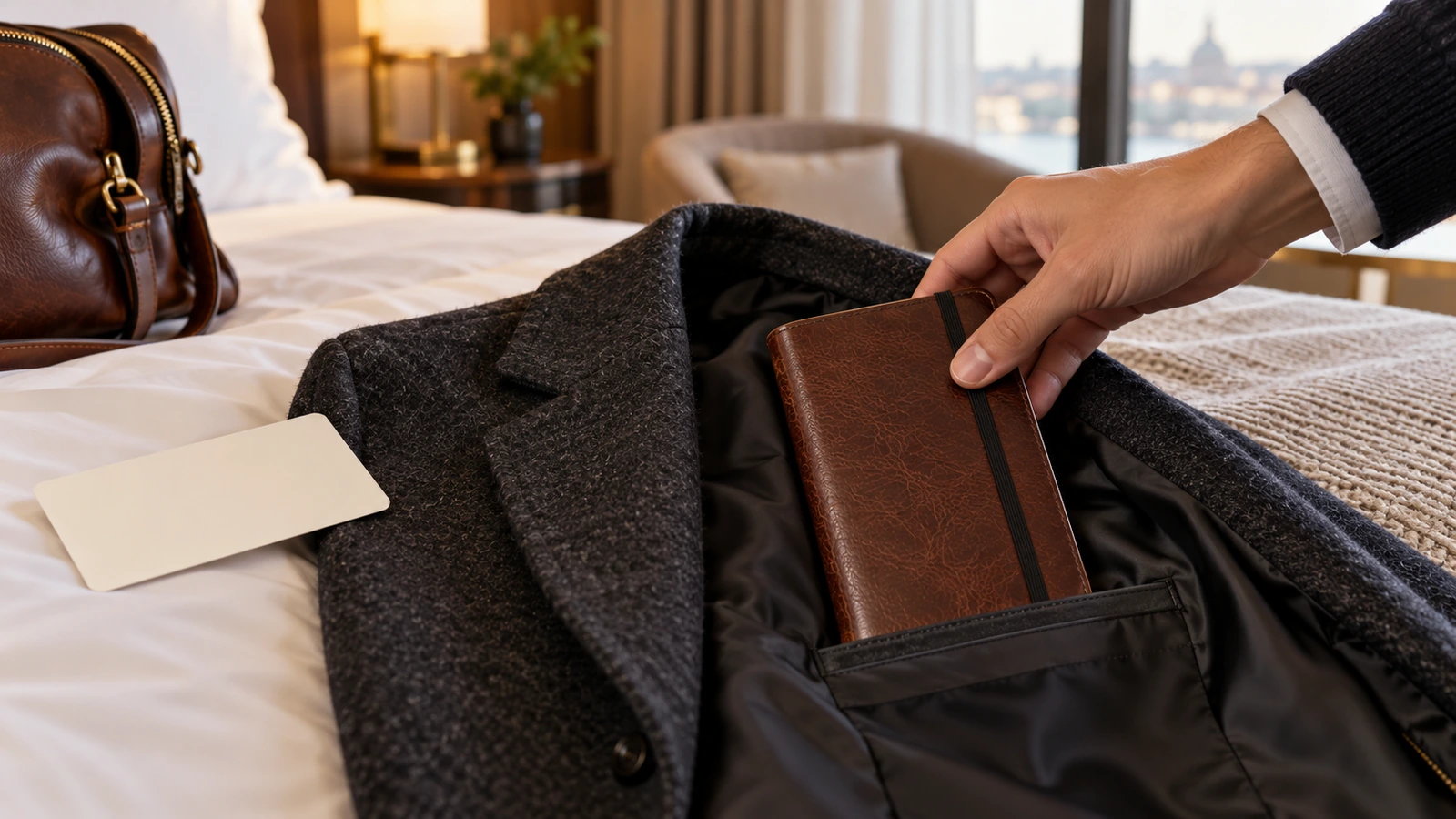Carnet de voyage en cuir glissé dans une poche intérieure de veste, à côté d'une carte vierge de la taille d'une carte d'embarquement, illustrant un format facile à emporter