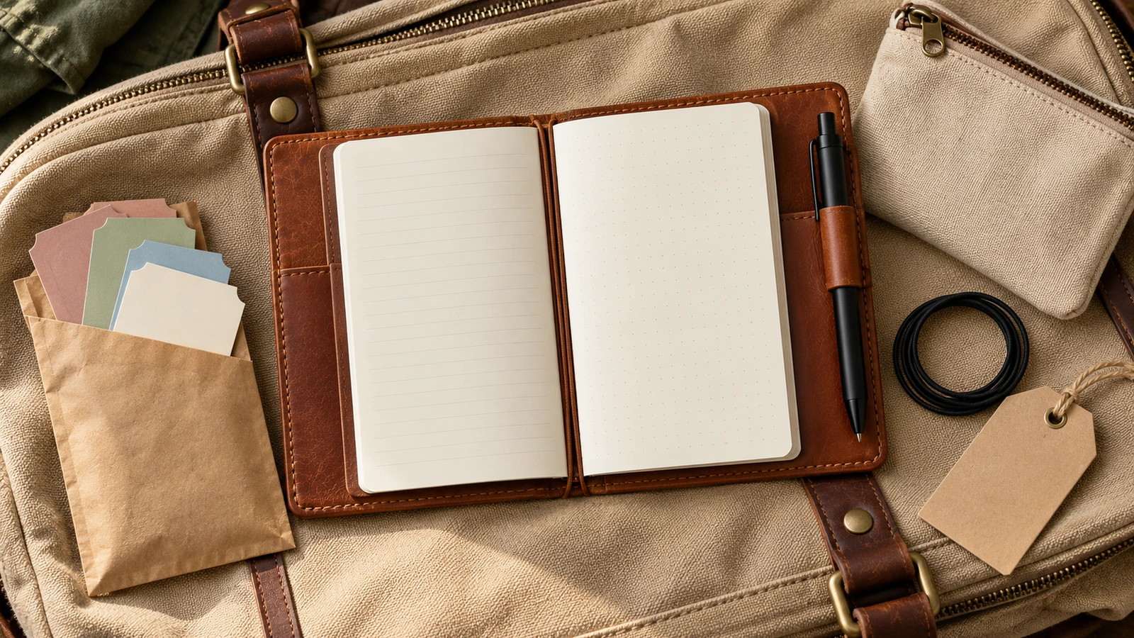 Photo à plat d'un carnet de voyage en cuir avec deux inserts fins, une pochette kraft, un stylo à bille dans la boucle et un élastique de rechange sur un sac de voyage en toile