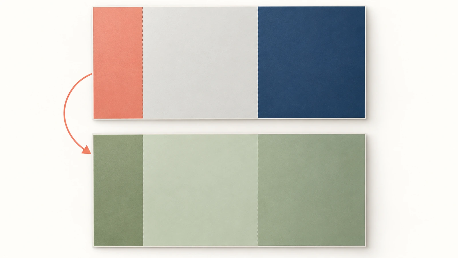 Feuille de brochure triptyque à plat, vue des deux faces, divisée en trois colonnes par face, avec le volet rentrant, plus étroit, mis en évidence d'une autre couleur