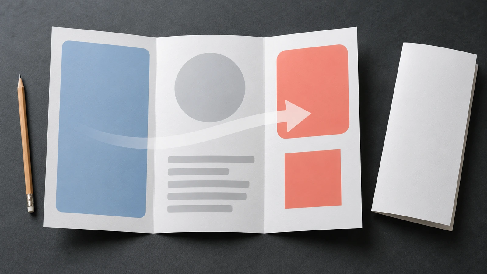 Une brochure triptyque ouverte sur un bureau, avec des blocs de couleur repérant les zones d'accroche, de récit principal et d'appel à l'action, et une flèche guidant le regard de gauche à droite
