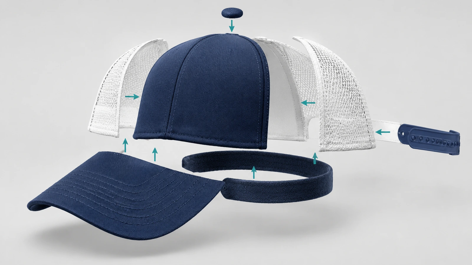 Vue éclatée d'une casquette trucker personnalisée de haute qualité montrant le panneau avant, les panneaux arrière en filet, la visière, le bandeau anti-transpiration et la fermeture à pression comme éléments distincts