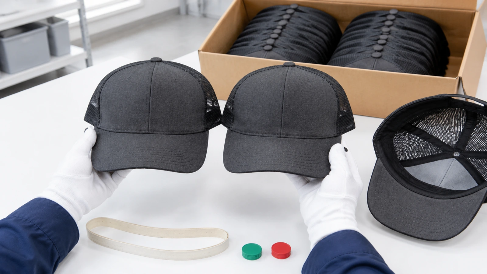 Inspecteur comparant une casquette trucker d'un lot de production à un échantillon de référence scellé sur une table d'inspection éclairée à la lumière du jour