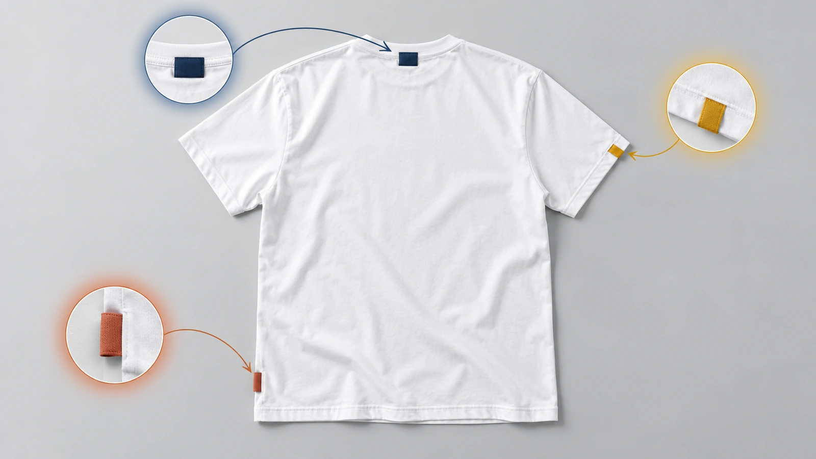 Vue de dos d'un t-shirt posé à plat, avec des repères de couleur au centre du dos à l'encolure, en bas du côté gauche et à l'ourlet de manche, montrant les trois emplacements d'étiquette tissée