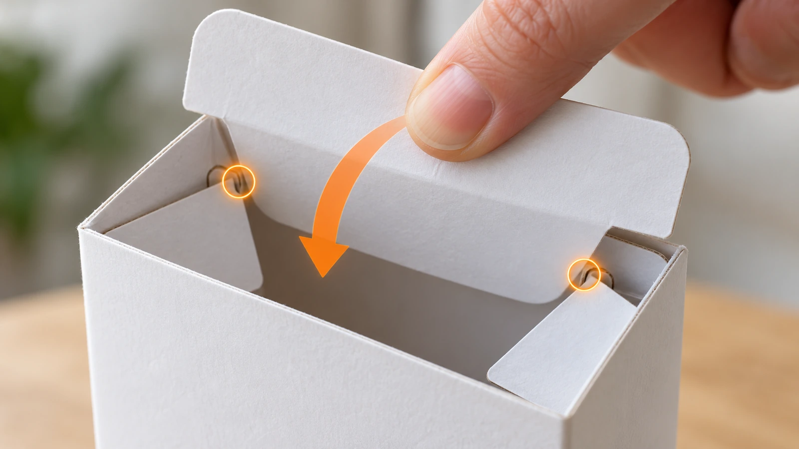 Gros plan d'un rabat d'insertion glissant au-delà des épaulements du verrou à fentes sur des rabats anti-poussière repliés, avec des flèches indiquant le trajet d'insertion et les points de contact par friction