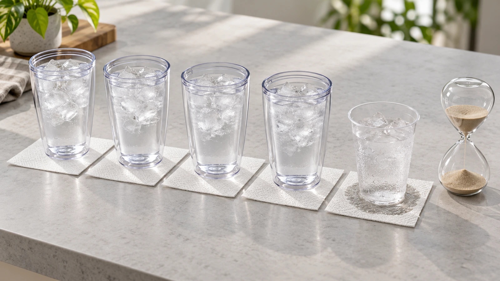 Installation de test sur table avec une rangée de gobelets en plastique double paroi vierges remplis d'eau glacée, un essuie-tout blanc sous chaque gobelet et un sablier, en lumière douce du jour